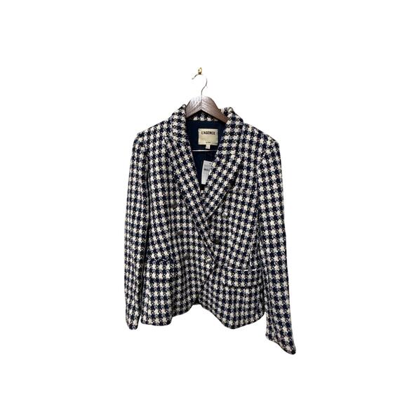 L’AGENCE Kenzie Double-Breasted Navy Ivory Tweed Blazer Size 10 - Picture 6 of 8